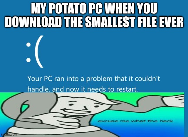 potato pc be like downloading the smallest file ever | MY POTATO PC WHEN YOU DOWNLOAD THE SMALLEST FILE EVER | image tagged in bsod | made w/ Imgflip meme maker