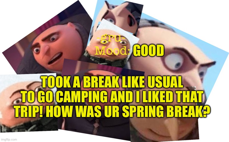 Hello! :) |  TOOK A BREAK LIKE USUAL TO GO CAMPING AND I LIKED THAT TRIP! HOW WAS UR SPRING BREAK? GOOD | image tagged in -gru- template | made w/ Imgflip meme maker
