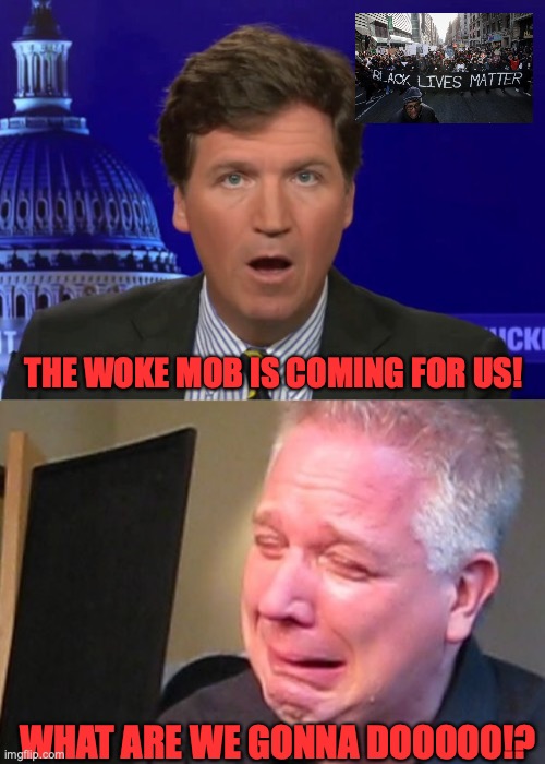 THE WOKE MOB IS COMING FOR US! WHAT ARE WE GONNA DOOOOO!? | image tagged in tucker carlson,glen beck crying | made w/ Imgflip meme maker