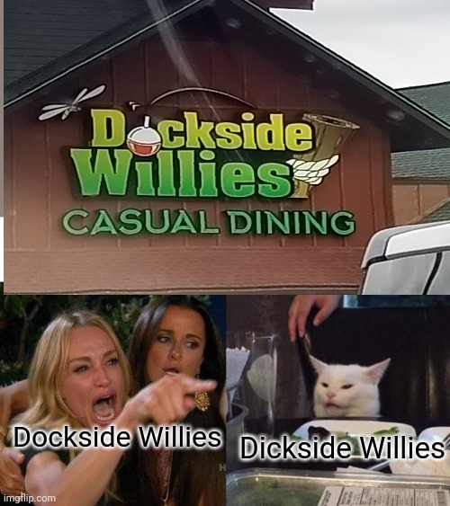  Dockside Willies; Dickside Willies | image tagged in memes,woman yelling at cat | made w/ Imgflip meme maker