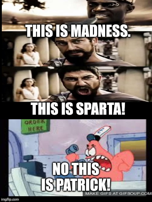 THIS IS MADNESS. THIS IS SPARTA! NO THIS IS PATRICK! | image tagged in as you can see i am not dead | made w/ Imgflip meme maker