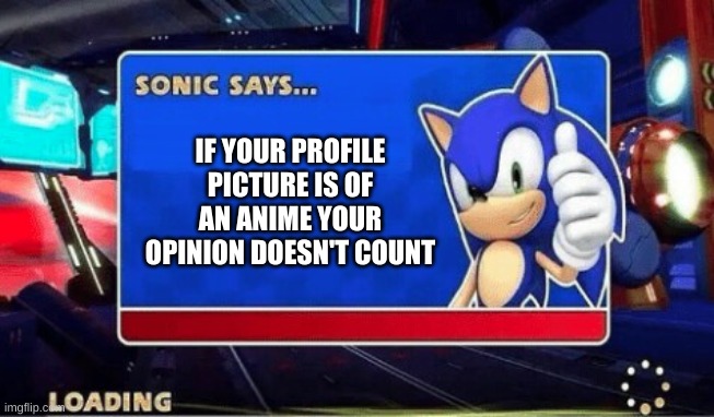 Sonic Says | IF YOUR PROFILE PICTURE IS OF AN ANIME YOUR OPINION DOESN'T COUNT | image tagged in sonic says | made w/ Imgflip meme maker