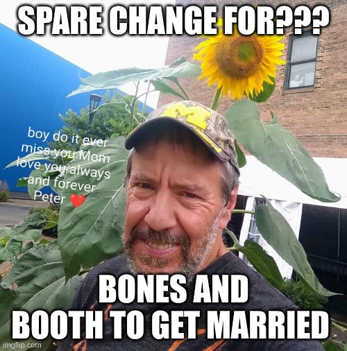 Bones fans only get it | SPARE CHANGE FOR??? BONES AND BOOTH TO GET MARRIED | image tagged in peter plant | made w/ Imgflip meme maker