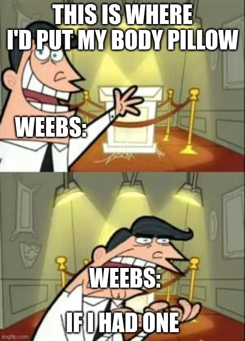 weebs | THIS IS WHERE I'D PUT MY BODY PILLOW; WEEBS:; WEEBS:; IF I HAD ONE | image tagged in memes,this is where i'd put my trophy if i had one | made w/ Imgflip meme maker