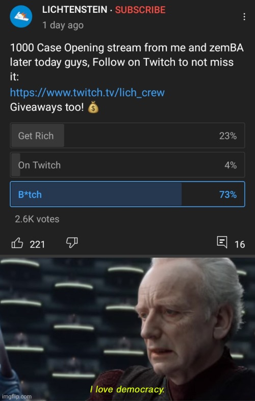 YouTube polls are epic | image tagged in i love democracy | made w/ Imgflip meme maker