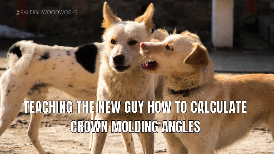 Carpentry Meme: teaching the new guy how to calculate crown molding angles | image tagged in carpenter,carpentry | made w/ Imgflip meme maker