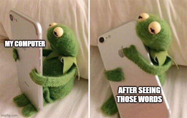 Kermit Hugging Phone | MY COMPUTER AFTER SEEING THOSE WORDS | image tagged in kermit hugging phone | made w/ Imgflip meme maker