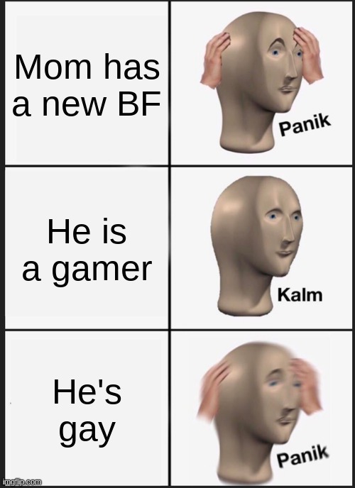 POV Mom has a new BF (Boyfriend) | Mom has a new BF; He is a gamer; He's gay | image tagged in memes,panik kalm panik | made w/ Imgflip meme maker