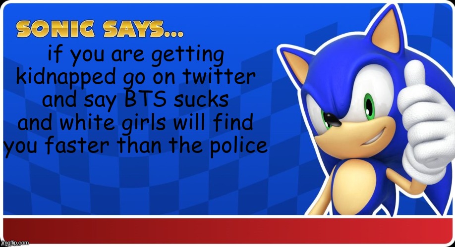 Pro Tip! |  if you are getting kidnapped go on twitter and say BTS sucks and white girls will find you faster than the police | image tagged in sonic says s asr,pro tip | made w/ Imgflip meme maker