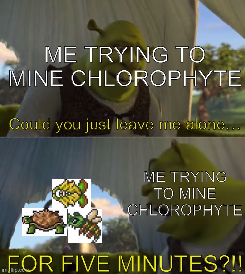 They are so freaking annoying! The hornets have stupidly far knockback | ME TRYING TO MINE CHLOROPHYTE; Could you just leave me alone…; ME TRYING TO MINE CHLOROPHYTE; FOR FIVE MINUTES?!! | image tagged in could you not ___ for 5 minutes,terraria | made w/ Imgflip meme maker