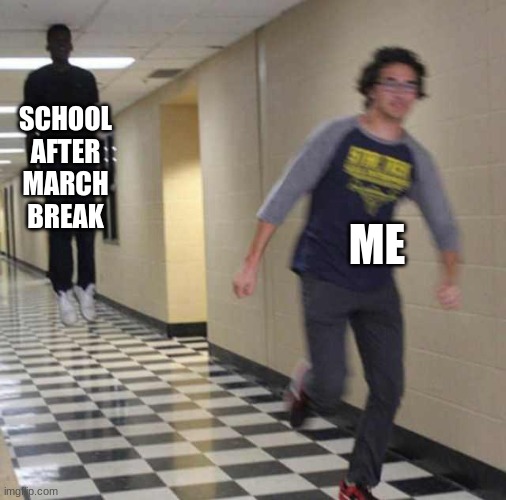 noooooooooooooooooooo | SCHOOL AFTER MARCH BREAK; ME | image tagged in floating boy chasing running boy | made w/ Imgflip meme maker