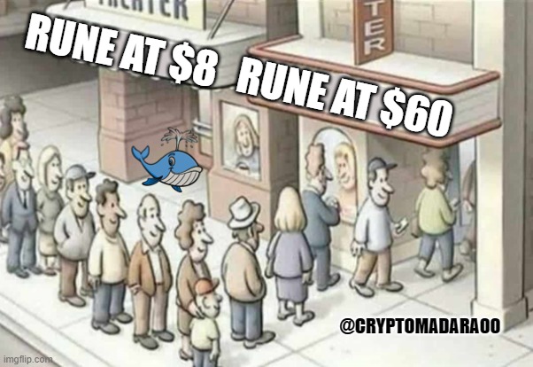 Dont miss the train bud | RUNE AT $60; RUNE AT $8; @CRYPTOMADARA00 | image tagged in thorchain,rune,cryptocurrency,multi-chain liquidity provider,dank memes,best buy | made w/ Imgflip meme maker