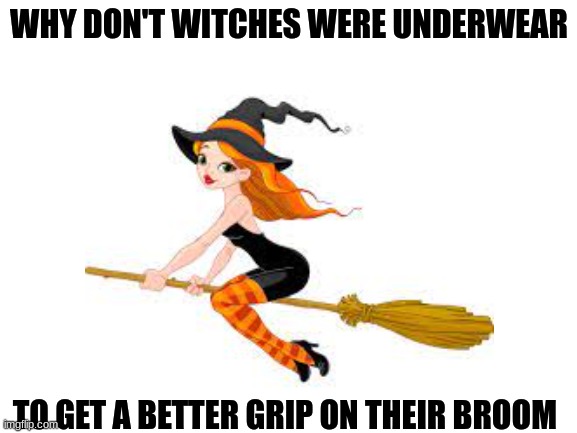 Dam thats a sluty witch | WHY DON'T WITCHES WERE UNDERWEAR; TO GET A BETTER GRIP ON THEIR BROOM | image tagged in horny,inappropriate | made w/ Imgflip meme maker