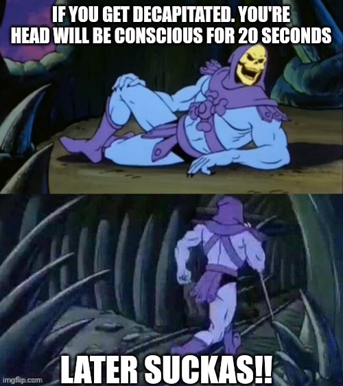 Well at least getting decapitated is a very unlikely fate | IF YOU GET DECAPITATED. YOU'RE HEAD WILL BE CONSCIOUS FOR 20 SECONDS; LATER SUCKAS!! | image tagged in skeletor disturbing facts | made w/ Imgflip meme maker