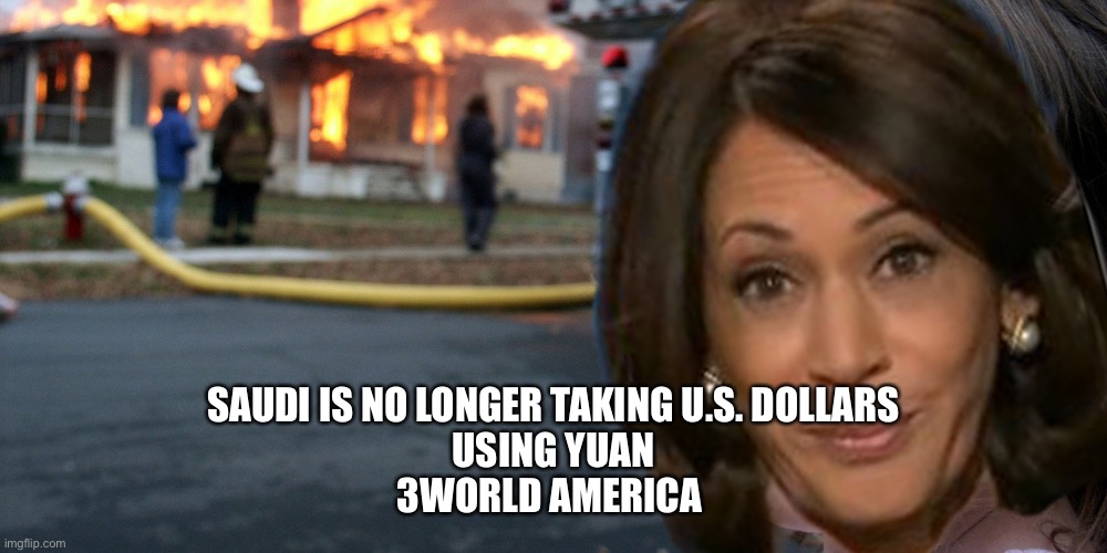 Harris Burning America | SAUDI IS NO LONGER TAKING U.S. DOLLARS
USING YUAN
3WORLD AMERICA | image tagged in harris burning america | made w/ Imgflip meme maker