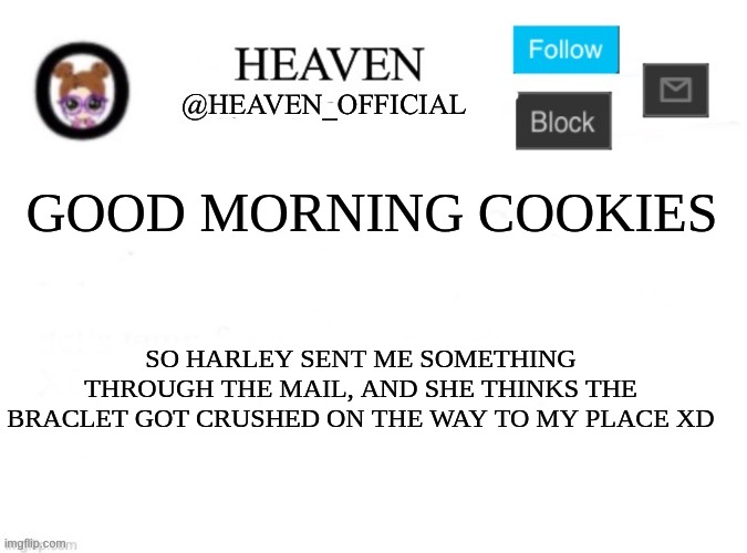 poor bracelet | GOOD MORNING COOKIES; SO HARLEY SENT ME SOMETHING THROUGH THE MAIL, AND SHE THINKS THE BRACLET GOT CRUSHED ON THE WAY TO MY PLACE XD | image tagged in heaven s template | made w/ Imgflip meme maker