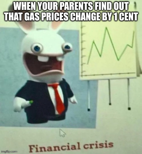 Financial crisis | WHEN YOUR PARENTS FIND OUT THAT GAS PRICES CHANGE BY 1 CENT | image tagged in financial crisis | made w/ Imgflip meme maker