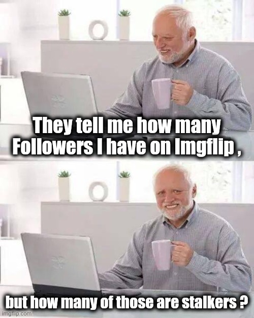 We all share this |  They tell me how many Followers I have on Imgflip , but how many of those are stalkers ? | image tagged in memes,hide the pain harold,stalker,downvote fairy,how did this happen | made w/ Imgflip meme maker