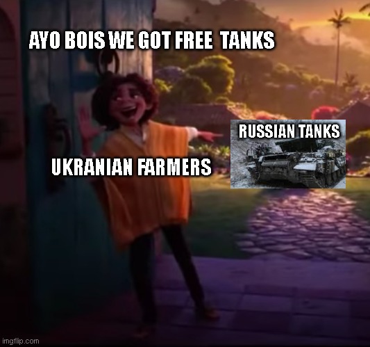 Farmers when they see russian tanks | AYO BOIS WE GOT FREE  TANKS; RUSSIAN TANKS; UKRANIAN FARMERS | image tagged in camilo pointing | made w/ Imgflip meme maker