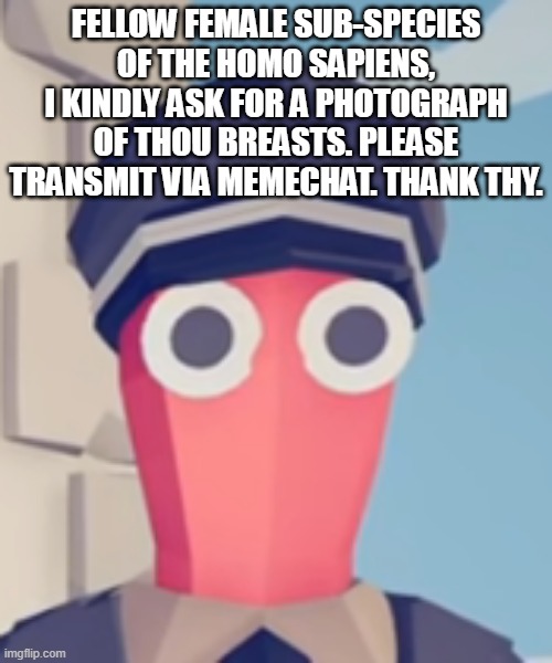 dew it | FELLOW FEMALE SUB-SPECIES OF THE HOMO SAPIENS, I KINDLY ASK FOR A PHOTOGRAPH OF THOU BREASTS. PLEASE TRANSMIT VIA MEMECHAT. THANK THY. | image tagged in tabs stare | made w/ Imgflip meme maker