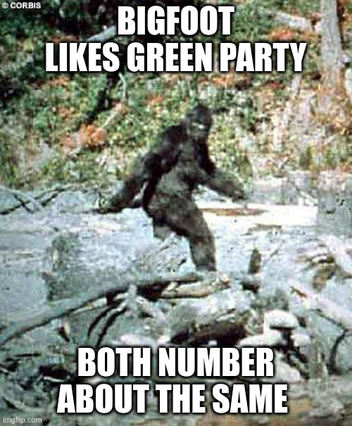 Bigfoot | BIGFOOT LIKES GREEN PARTY; BOTH NUMBER ABOUT THE SAME | image tagged in bigfoot | made w/ Imgflip meme maker