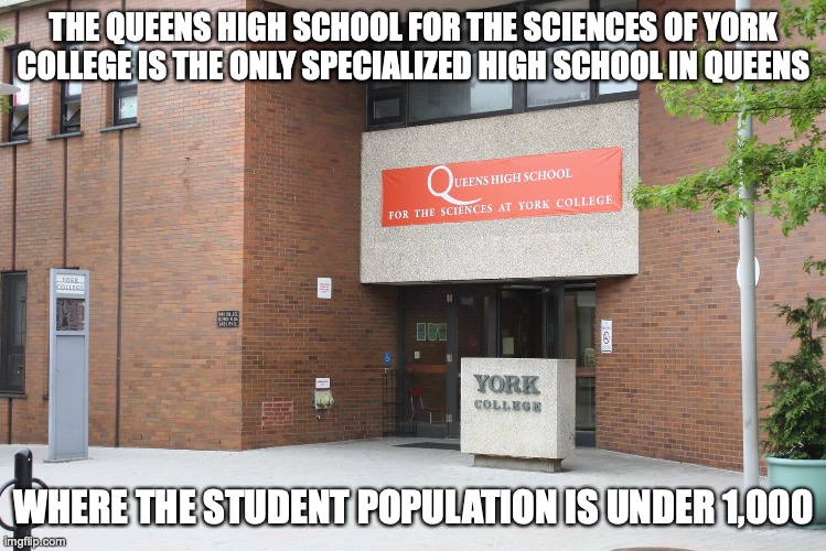 Only Specialized HIgh School in Queens | THE QUEENS HIGH SCHOOL FOR THE SCIENCES OF YORK COLLEGE IS THE ONLY SPECIALIZED HIGH SCHOOL IN QUEENS; WHERE THE STUDENT POPULATION IS UNDER 1,000 | image tagged in school,high school,new york city,memes | made w/ Imgflip meme maker