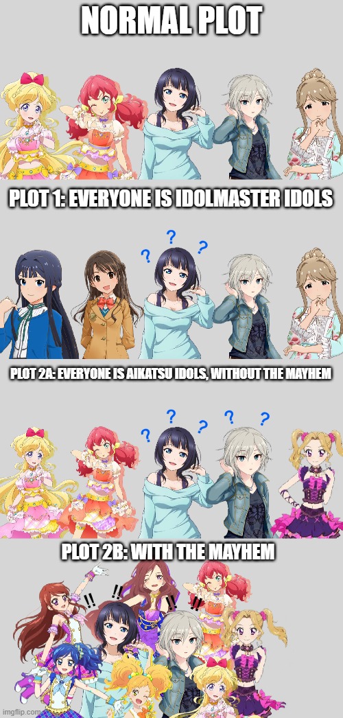 Idols' Plots | NORMAL PLOT; PLOT 1: EVERYONE IS IDOLMASTER IDOLS; PLOT 2A: EVERYONE IS AIKATSU IDOLS, WITHOUT THE MAYHEM; PLOT 2B: WITH THE MAYHEM | image tagged in voice actress,aikatsu,the idolmaster,love live | made w/ Imgflip meme maker
