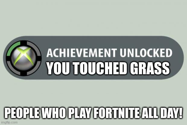 achievement unlocked | YOU TOUCHED GRASS; PEOPLE WHO PLAY FORTNITE ALL DAY! | image tagged in achievement unlocked | made w/ Imgflip meme maker