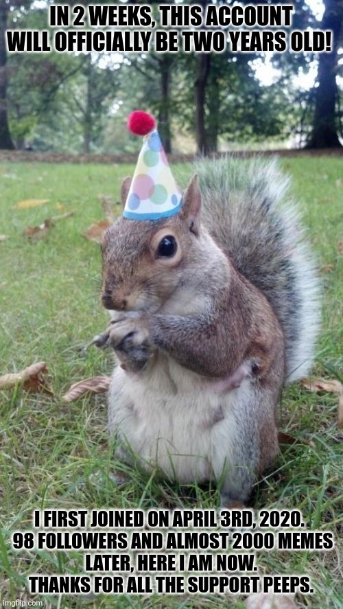 Now it's time to start the countdown ? |  IN 2 WEEKS, THIS ACCOUNT WILL OFFICIALLY BE TWO YEARS OLD! I FIRST JOINED ON APRIL 3RD, 2020. 

 98 FOLLOWERS AND ALMOST 2000 MEMES LATER, HERE I AM NOW. THANKS FOR ALL THE SUPPORT PEEPS. | image tagged in memes,super birthday squirrel,countdown,imgflip,thanks obama | made w/ Imgflip meme maker