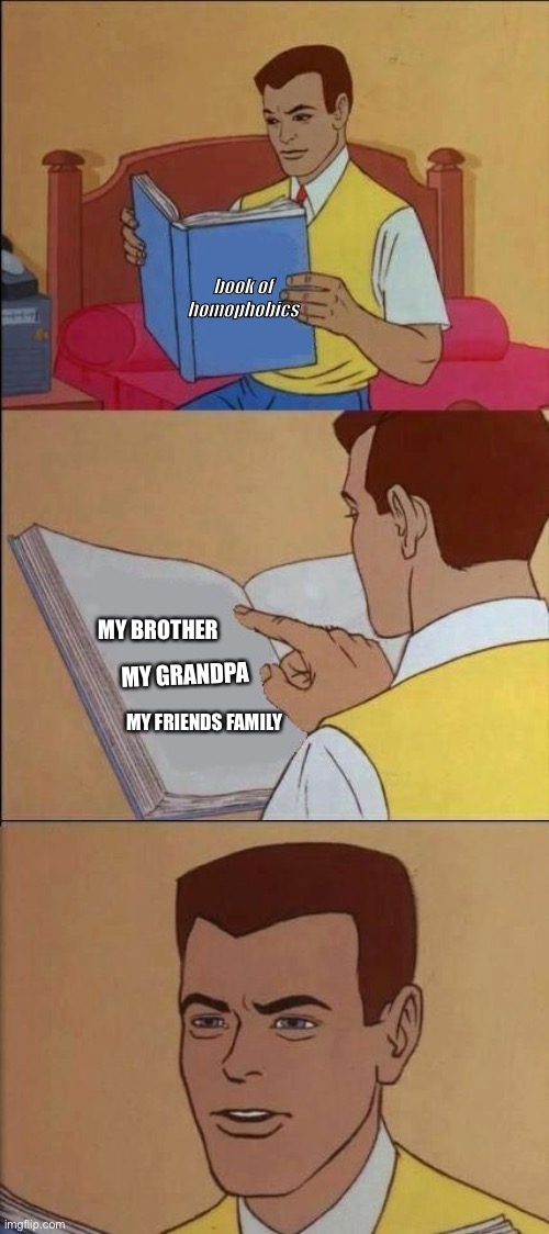 Book of Idiots | book of homophobics; MY BROTHER; MY GRANDPA; MY FRIENDS FAMILY | image tagged in book of idiots,homophobic | made w/ Imgflip meme maker