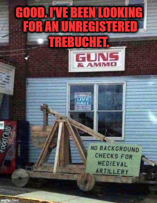 GOOD. I'VE BEEN LOOKING 
FOR AN UNREGISTERED; TREBUCHET. | image tagged in weapons | made w/ Imgflip meme maker