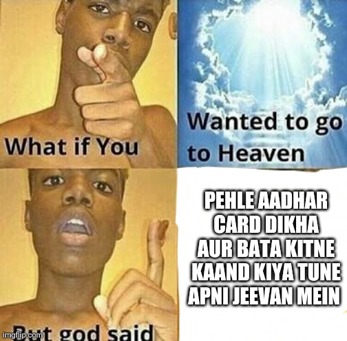 What if you wanted to go to Heaven | PEHLE AADHAR CARD DIKHA AUR BATA KITNE KAAND KIYA TUNE APNI JEEVAN MEIN | image tagged in what if you wanted to go to heaven | made w/ Imgflip meme maker