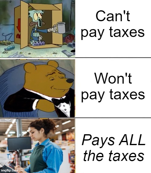 something something bootstraps | Can't pay taxes; Won't pay taxes; Pays ALL the taxes | image tagged in tuxedo on top winnie the pooh 3 panel | made w/ Imgflip meme maker