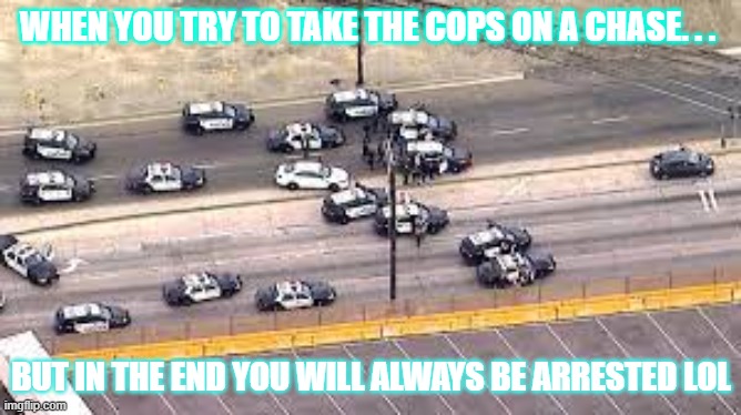 WHEN YOU TRY TO TAKE THE COPS ON A CHASE. . . BUT IN THE END YOU WILL ALWAYS BE ARRESTED LOL | made w/ Imgflip meme maker