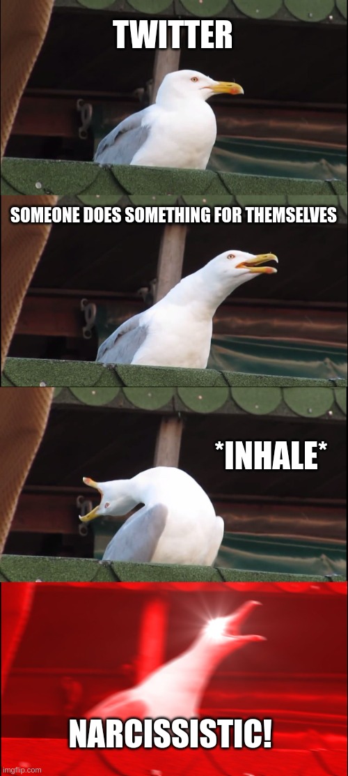Inhaling Seagull Meme | TWITTER; SOMEONE DOES SOMETHING FOR THEMSELVES; *INHALE*; NARCISSISTIC! | image tagged in memes,inhaling seagull | made w/ Imgflip meme maker