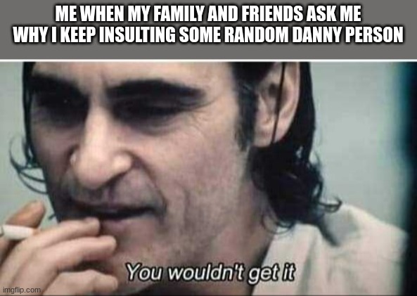You wouldn't get it | ME WHEN MY FAMILY AND FRIENDS ASK ME WHY I KEEP INSULTING SOME RANDOM DANNY PERSON | image tagged in you wouldn't get it | made w/ Imgflip meme maker