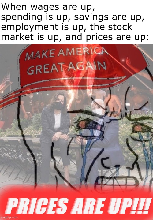 Joe Biden’s economy | When wages are up, spending is up, savings are up, employment is up, the stock market is up, and prices are up:; PRICES ARE UP!!! | image tagged in ptsd maga wojak 2 | made w/ Imgflip meme maker