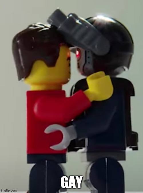 Lego man hugging a lego robot | GAY | image tagged in lego man hugging a lego robot | made w/ Imgflip meme maker