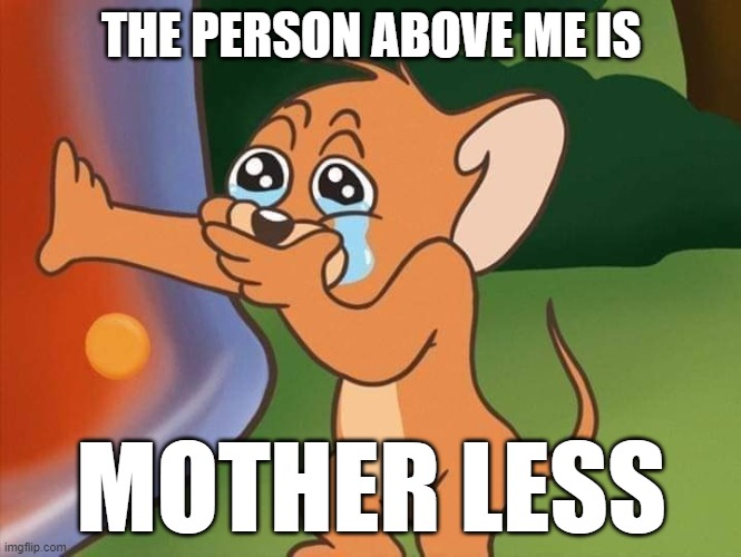 jerry crying | THE PERSON ABOVE ME IS; MOTHER LESS | image tagged in jerry crying | made w/ Imgflip meme maker