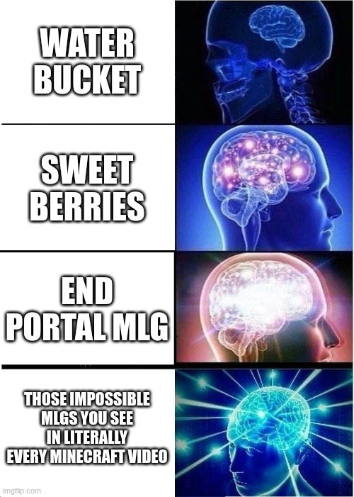 Minecraft mlgs... | WATER BUCKET; SWEET BERRIES; END PORTAL MLG; THOSE IMPOSSIBLE MLGS YOU SEE IN LITERALLY EVERY MINECRAFT VIDEO | image tagged in memes,expanding brain,minecraft,mlg,funny,accurate | made w/ Imgflip meme maker