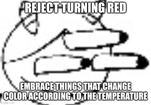 Idiot Staring | REJECT TURNING RED; EMBRACE THINGS THAT CHANGE COLOR ACCORDING TO THE TEMPERATURE | image tagged in idiot staring | made w/ Imgflip meme maker