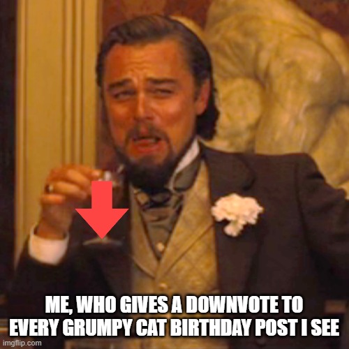 Laughing Leo Meme | ME, WHO GIVES A DOWNVOTE TO EVERY GRUMPY CAT BIRTHDAY POST I SEE | image tagged in memes,laughing leo | made w/ Imgflip meme maker