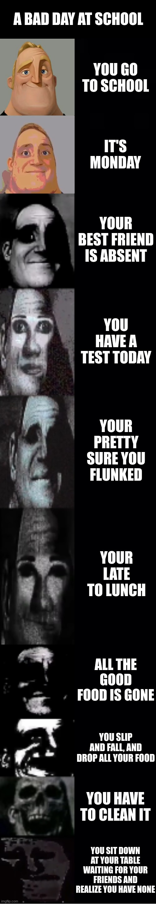 Bad Day | A BAD DAY AT SCHOOL; YOU GO TO SCHOOL; IT'S MONDAY; YOUR BEST FRIEND IS ABSENT; YOU HAVE A TEST TODAY; YOUR PRETTY SURE YOU FLUNKED; YOUR LATE TO LUNCH; ALL THE GOOD FOOD IS GONE; YOU SLIP AND FALL, AND DROP ALL YOUR FOOD; YOU HAVE TO CLEAN IT; YOU SIT DOWN AT YOUR TABLE WAITING FOR YOUR FRIENDS AND REALIZE YOU HAVE NONE | image tagged in mr incredible becoming uncanny | made w/ Imgflip meme maker