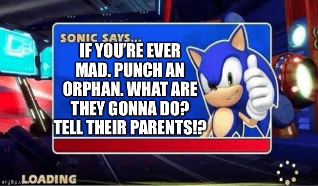 Yes I agree | IF YOU’RE EVER MAD. PUNCH AN ORPHAN. WHAT ARE THEY GONNA DO? TELL THEIR PARENTS!? | image tagged in sonic says | made w/ Imgflip meme maker