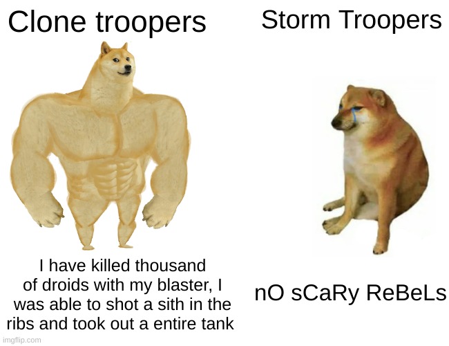 Clones vs Storms | Clone troopers; Storm Troopers; nO sCaRy ReBeLs; I have killed thousand of droids with my blaster, I was able to shot a sith in the ribs and took out a entire tank | image tagged in memes,buff doge vs cheems,star wars | made w/ Imgflip meme maker