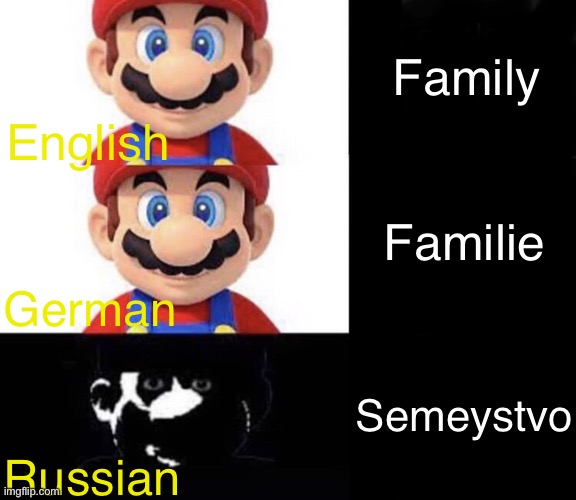 Mario dark three panel | Family; English; Familie; German; Semeystvo; Russian | image tagged in mario dark three panel | made w/ Imgflip meme maker