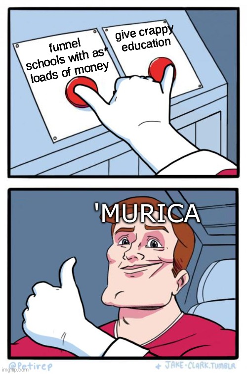 Both Buttons Pressed | give crappy education; funnel schools with as* loads of money; 'MURICA | image tagged in both buttons pressed | made w/ Imgflip meme maker