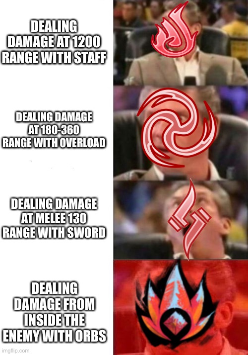 Mr. McMahon reaction | DEALING DAMAGE AT 1200 RANGE WITH STAFF; DEALING DAMAGE AT 180-360 RANGE WITH OVERLOAD; DEALING DAMAGE AT MELEE 130 RANGE WITH SWORD; DEALING DAMAGE FROM INSIDE THE ENEMY WITH ORBS | image tagged in mr mcmahon reaction | made w/ Imgflip meme maker