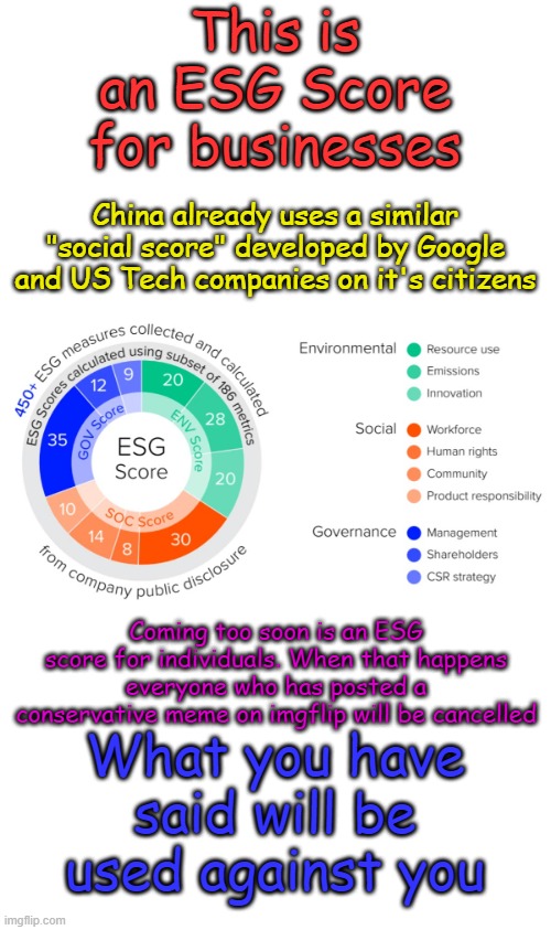 Businesses already bow down to this oppression, next is us. Red States are banning ESG, is yours? | This is an ESG Score for businesses; China already uses a similar "social score" developed by Google and US Tech companies on it's citizens; Coming too soon is an ESG score for individuals. When that happens everyone who has posted a conservative meme on imgflip will be cancelled; What you have said will be used against you | image tagged in esg score | made w/ Imgflip meme maker