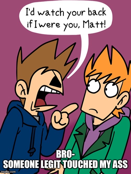 it was a guy too :skull: (mod note: Wtf?) | BRO-
SOMEONE LEGIT TOUCHED MY ASS | image tagged in i d watch your back if i were you matt | made w/ Imgflip meme maker